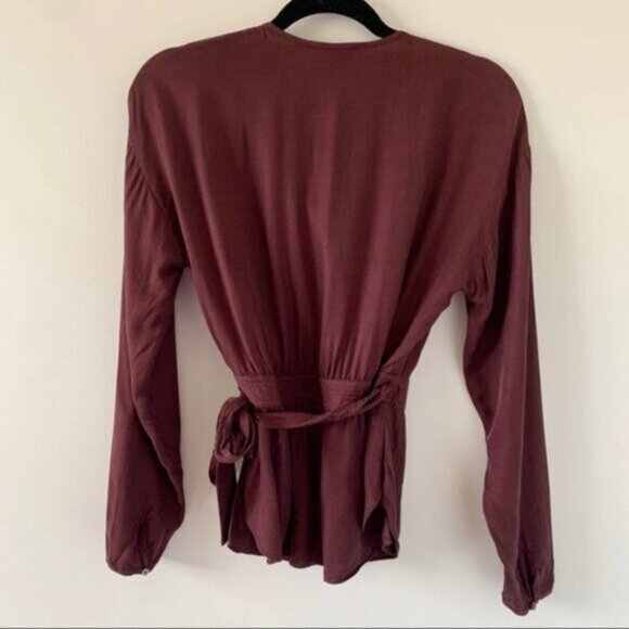Wilfred Aritzia Anemone Blouse Wrap Tie Up Belted V-neck Truffle Maroon Size XS - Picture 12 of 16